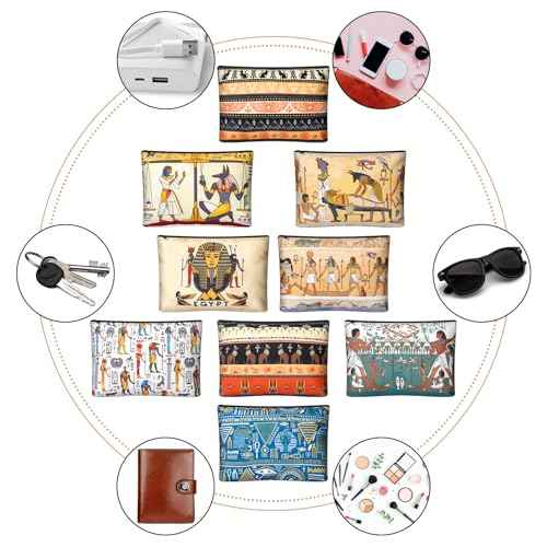 Kacctyen 9 Pcs Egyptian Makeup Bags Egyptian Gifts Cosmetic Pouch Ancient Egypt Canvas Purse Mythology Pharaoh Hieroglyphs Travel Toiletry Bag Gift for Egypt Lover