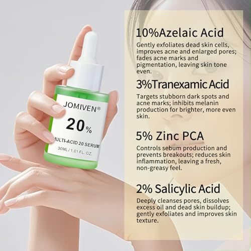 Multi-Acid 20% Serum,10% Azelaic Acid + 3% Tranexamic Acid,5% Zinc PCA + 2% Salicylic Acid,20% Active Formula for Blemish Care, Post-Acne Marks & Texture Refining,Suitable for Uneven & Acne-Prone Skin