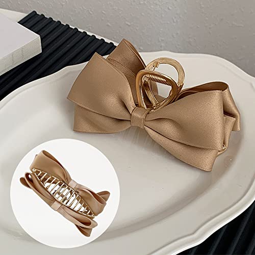 Satin Bow Claw Clip Large Hair Bow Khaki Bow Hair Clip for Women Casual & Formal Wear Stylish and Elegant Big Hair Bow Non-slip Strong Hold For Girls and Women with Thick and Thin Hair