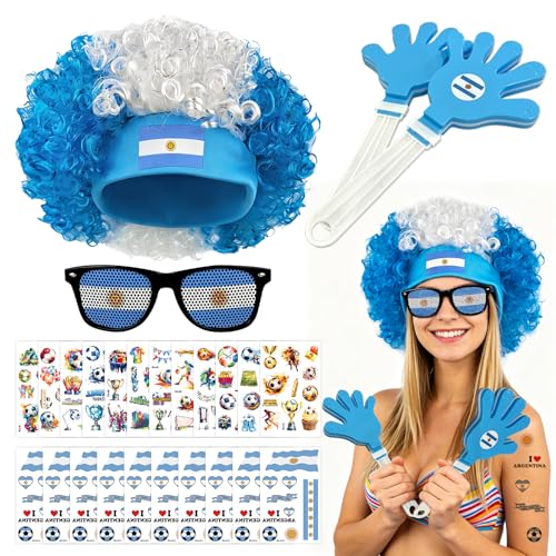 Argentina Soccer Cheer Set with Wig, Glasses, Clappers & Stickers