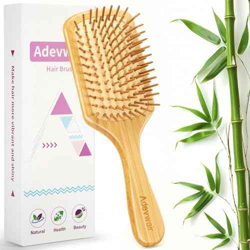 Bamboo Hair Brush for Men Women Detangling Thick Curly Hair, Natural Bamboo Bristles Wooden Paddle Hairbrush with Ergonomic handle for All Hair Types