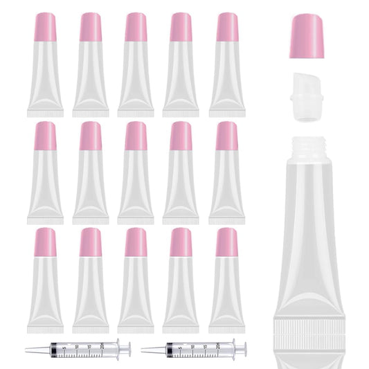 AMORIX 50PCS Lip Gloss Tubes Empty 10ml Pink Cap Lip Gloss Containers Lip Balm Tubes Cute Squeeze Tubes Lipgloss Making Supplies + 2 x 20ml Syringes Tag Labels for Lip Gloss Base