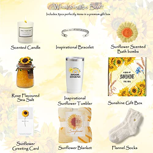 Sending Sunshine Christmas Gift for Women, Sunflower Christmas Gift Set for Mom, Care Package, Birthday Gifts Box, Thinking of You Gifts for Women, Sister, Friend, Sister with Inspirational Blanket