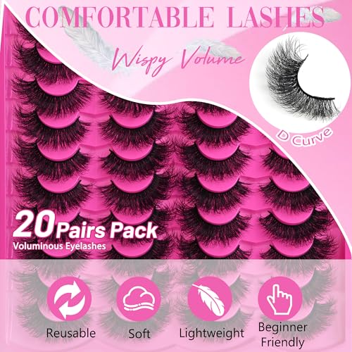 Mink Lashes 20mm Faux Mink Lashes Cat Eye Big Long False Eyelashes Dramatic Soft 3D Volume 20 Pairs Strip Eyelashes Pack by INSPEAUTY