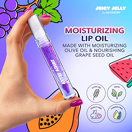 Blossom Juicy Jelly Moisturizing Lip Care Fruit Flavored Nourishing Lip Oil + pH Technology Custom Color Changing Strawberry Crystal Lip Balm, 2 Pack Bundle, Grape/Purple