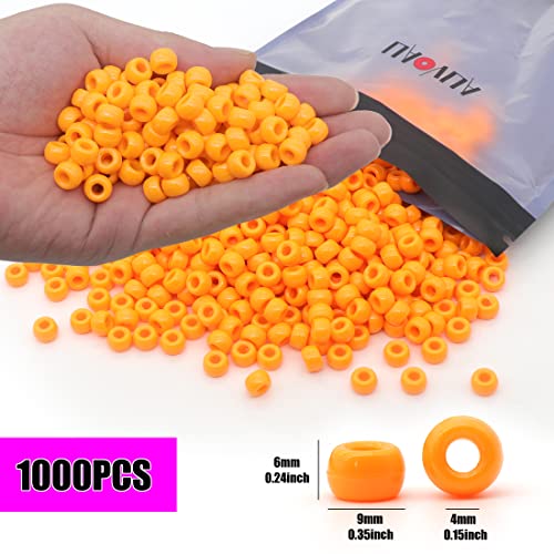 Auvoau 1000Pcs Pony Beads Bracelet 9mm Orange Plastic Barrel Pony Beads for Necklace,Hair Beads for Braids for Girls,Key Chain,Jewelry Making (Orange)