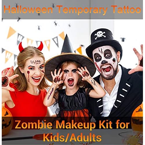 9 Sheet Body Face Temporary Tattoos Realistic Fake Wound Stitch Scar Scab Waterproof Horror Sticker Halloween Fool's Day Zombie Masquerade Prank Makeup Props for Kids Adult