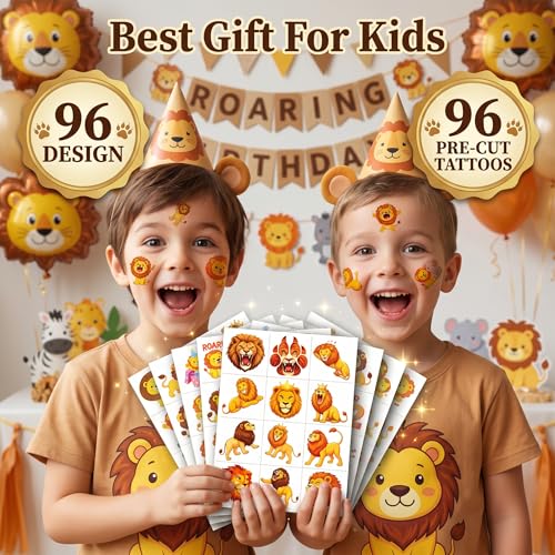 96 Lion Temporary Tattoos for Kids | Jungle Animal Party Favors
