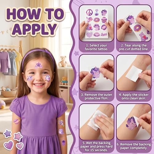 96 Piece Purple Temporary Tattoos for Kids | Waterproof Kawaii