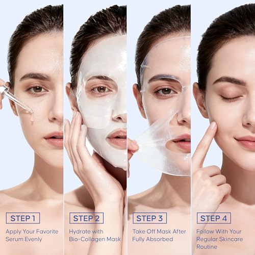 Bio-Collagen Real Deep Mask: Overnight Hydrating, Pore Minimizing, Glowing - Hydrogel With Hyaluronic Acid & Cica - Ultra Low Molecule - Women & Men - 5 Pcs