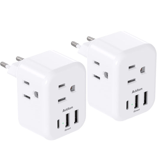 2 Pack European International Power Plug Adapter with 3 Outlets 3 USB Charging Ports(1 USB C), Travel Essentials to Italy,Greece,Israel,France, Spain (Type C)