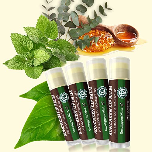 SPF Lip Balm 4-Pack by Earth's Daughter - Lip Sunscreen, SPF 15, Organic Ingredients, Eucalyptus Mint Flavor, Beeswax, Coconut Oil, Vitamin E - Hypoallergenic, Paraben Free, Gluten Free