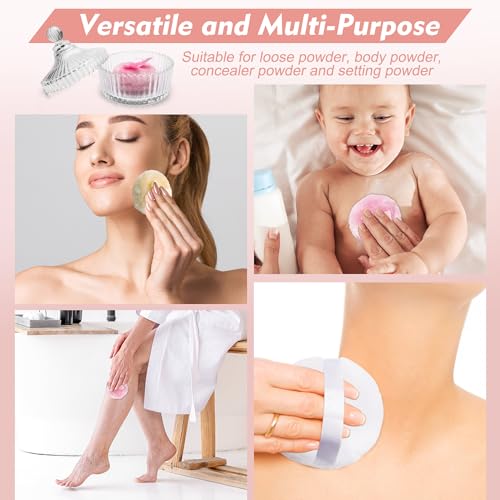 6 Pack Large Body Powder Puff and Container Set, Anglecai 4 Inch Crystal Powder Container for Body Powder Puff Dish with 3P Powder Puffs and 2P Spoon
