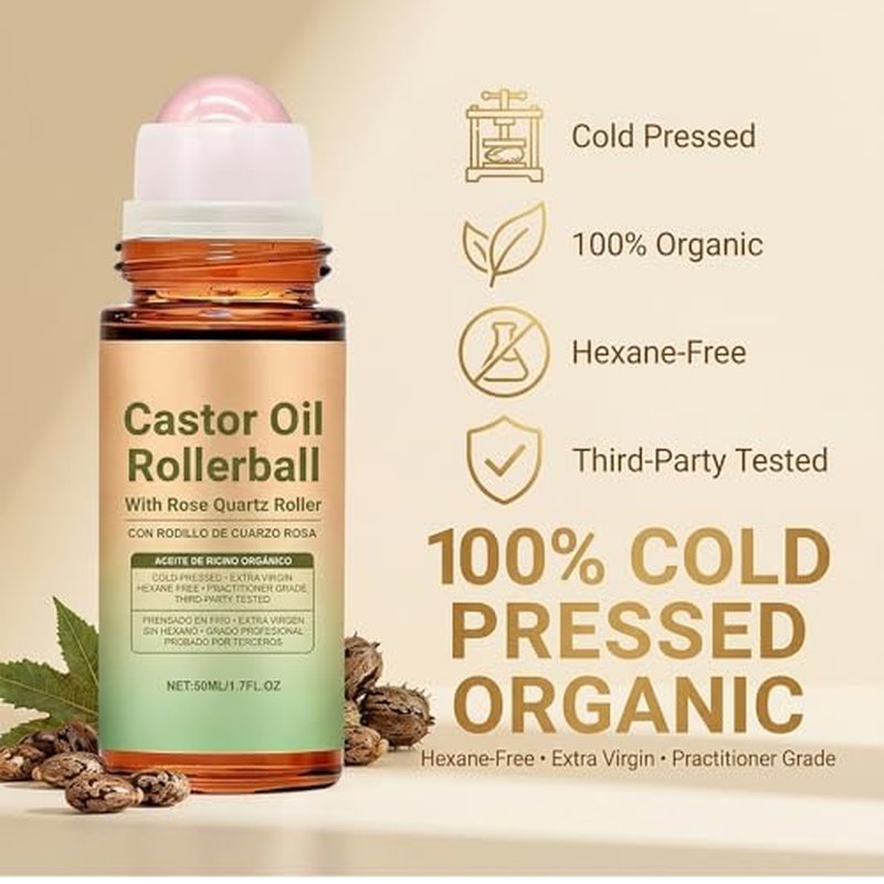 Cold Pressed Castor Oil with Rose Quartz Roller for Skin & Hair