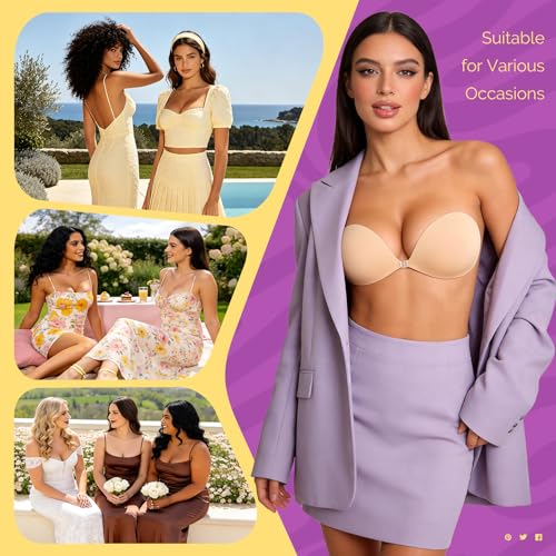 Invisible Sticky Bra Push Up - Reusable Silicone, B Cup, Beige (2 Pack)