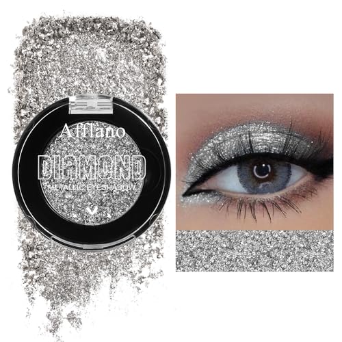 Afflano Silver Glitter Eyeshadow Super Pigmented, Intense Color Gray Silver Eyeshadow Palette Single, Long Lasting Sparkle Shimmer Metallic Glitter Eyes Look, Blendable Neutral Grey Eye Shadow Makeup