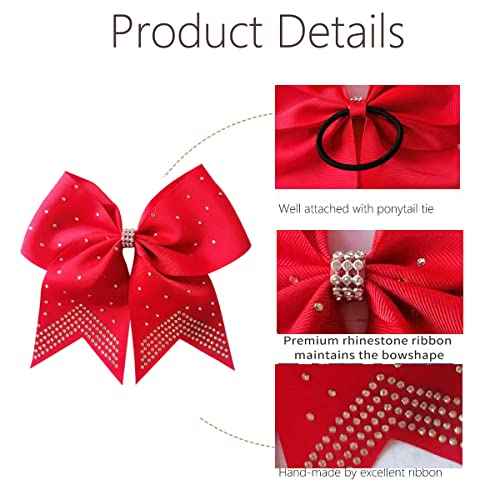Hipcheer 12PCS 8" Rhinestones Large Cheer Hair Bows for Girls, Hand-made Grosgrain Ribbon Hair Accessories for Teen Girls Softball Cheerleader Sport (Red)