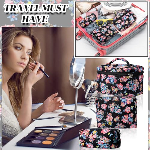 3 Pcs Quilted Makeup Bags Large Floral Cosmetic Bag for Women Cotton Makeup Bag Set Travel Toiletry Bag Aesthetic Cute Cosmetic Pouch for Women Christmas Gifts Organizer Home Bathroom