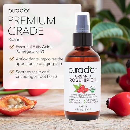 PURA D'OR ORGANIC Rosehip Seed Oil Hair Relaxer (4 Oz x2 = 8 Oz) 100% Pure Cold Pressed USDA Certified All Natural Anti-Aging, Scar Treatment, Gua Sha Massage, Face, Hair & Skin - Women & Men