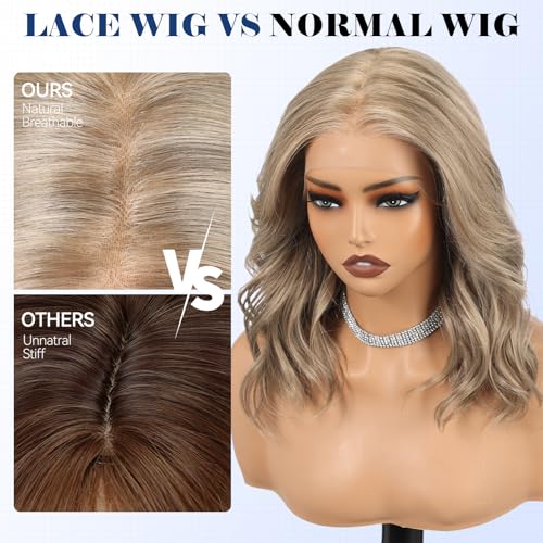 HAIRCUBE 13x6 HD Lace Front Wig 16-Inch Wavy Synthetic Hair - Mixed Ash Blonde, Model #KN814