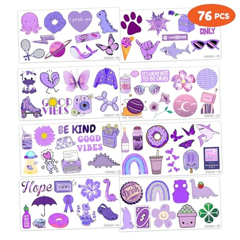 Purple Aesthetic Temporary Tattoos 8 Sheets 76 PCS Purple Party Decorations Favors Supplies Color Theme Birthday Cute Tattoo Stickers Christmas Gifts for Boys Girls Kids Class School Prizes Carnival