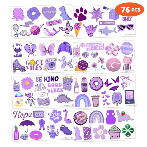 Purple Temporary Tattoos - 76 Pieces, 8 Sheets Waterproof