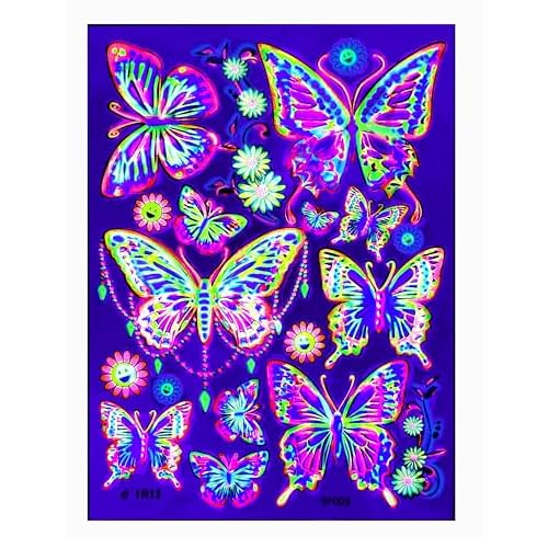Temporary Tattoos ? 1 Sheet Butterfly Design Body Paint Art Blacklight Reactive Light Festival Accessories Glow in the Dark Party Supplies | 7.2¡± x 5.2¡± Temp Great for EDM EDC Party Rave Parties