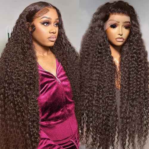 30 Inch Chocolate Brown Deep Wave Lace Front Wigs Human Hair 200 Density 13x6 HD Lace Frontal Wigs Wet and Wavy Curly Brown Color Human Hair Glueless Wig For Women Pre Plucked