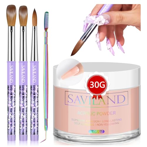 SAVILAND Kolinsky Nail Brush Set 6/10/14 with Cleaner & 30g Nude Acrylic Powder