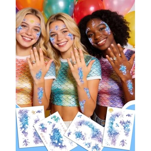 16 Sheets Halloween Mermaid Scale Temporary Tattoos,Decoracion De Sirena Para Cumplea?Os,Mermaid Temporary Tattoos for Adults Kids Costume Makeup