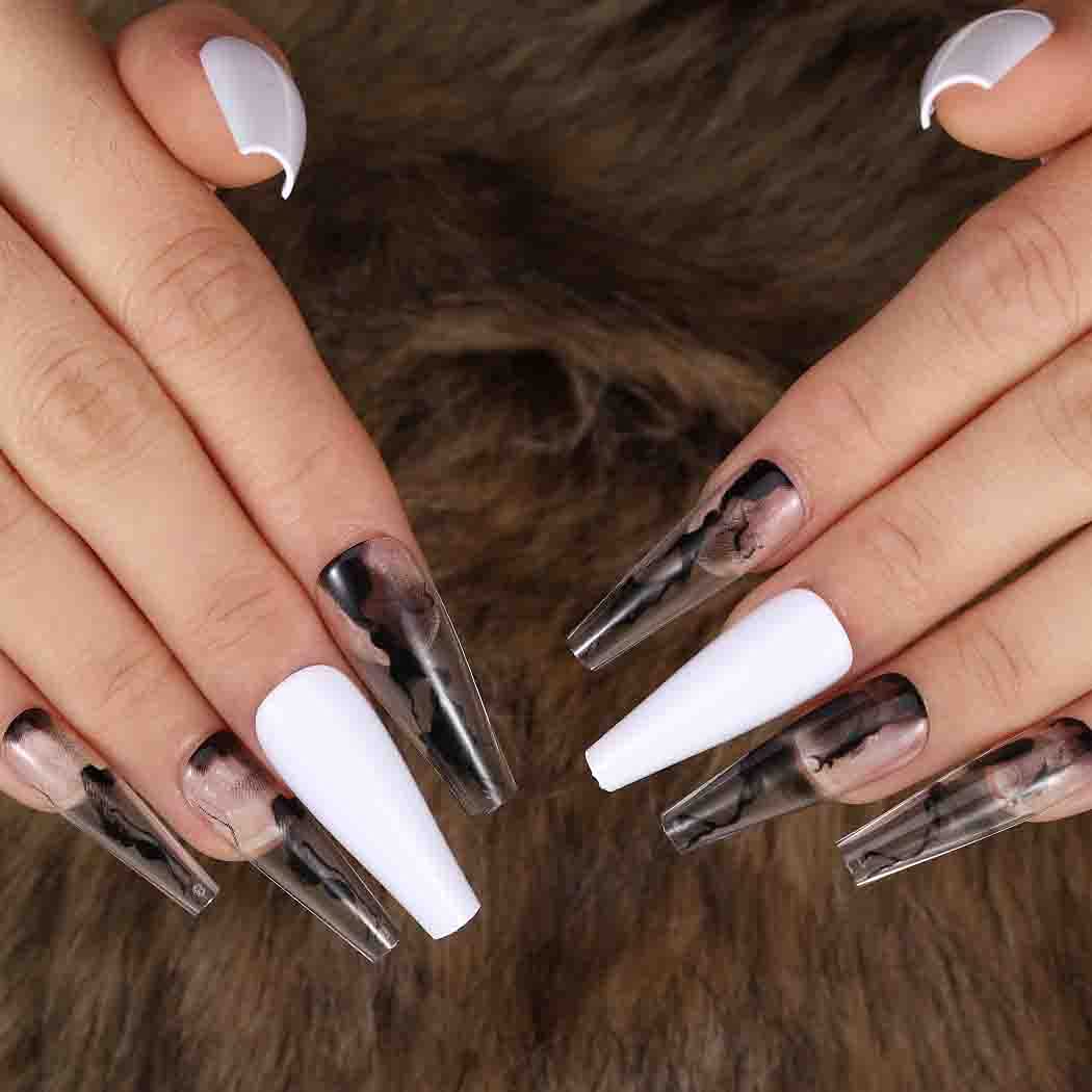 Outyua Glossy Smoke Pattern Fake Nails Coffin Extra Long Press on Nails with Design Ballerina Acrylic Super Long False Nails Designer Full Cover Artificial Nails for Women and Girls 24Pcs (White)