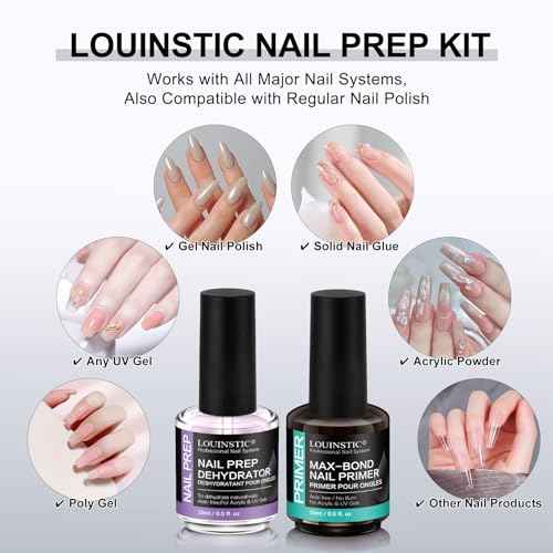 LOUINSTIC Nail Prep Dehydrator and Acid-Free Primer, Quick-Dry & Safe for Nails, for UV Gel, Acrylic, Gel Nail Polish & Press-On Nails Hema-Free ? Professional Salon & DIY Manicure Kit, 15ml