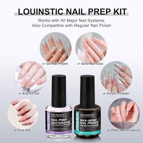 Nail Dehydrator and Acid-Free Primer Set for Acrylic & Gel Nails, 2x15ml
