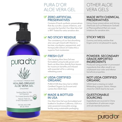 PURA D'OR 16 Oz ORGANIC Aloe Vera Gel - Unscented - All Natural - ZERO Artificial Preservatives - Deeply Hydrating & Moisturizing - Sunburn, Bug Bites, Rashes, Small Cuts, Eczema Relief - Skin & Hair