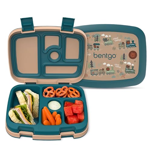 Bentgo Kids Prints Leak-Proof, 5-Compartment Bento-Style Kids Lunch Box - Ideal Portion Sizes for Ages 3-7, Durable, Drop-Proof, Dishwasher Safe, & Made with BPA-Free Materials (Trains)