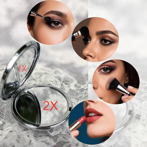 Leimandy 4-Pack Embroidered Compact Mirrors - Double-Sided 1x/2x Magnifying Bridesmaid Pocket Mirror Foldable Makeup Mirror for Wedding Shower | Birthday | Graduation Gifts L2 (Blue ForgetMeNot)