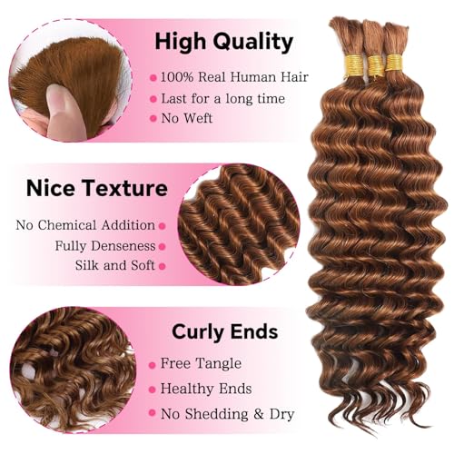 DiexrLamx Brown #30 Deep Water Wave Human Hair Bundles 24 Inch for Braiding, 150g