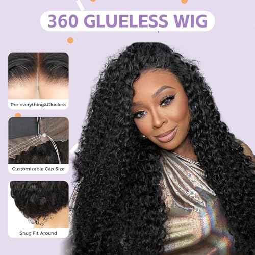 OQ HAIR Water Wave 360 Lace Front Wigs Human Hair Hidden Straps Deep Wave HD Lace with Drawstring Natural Hairline 180% Density Human Hair Wig for Women Natural Color 20 Inch