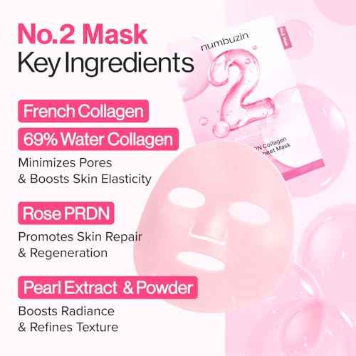numbuzin No.2 Sheet Mask | Rose PDRN Collagen Plumping Sheet Mask | Korean Mask for face | Brightening, Hydrating, Firming and Moisturizing | Collagen, Peptides, PDRN | 4ea