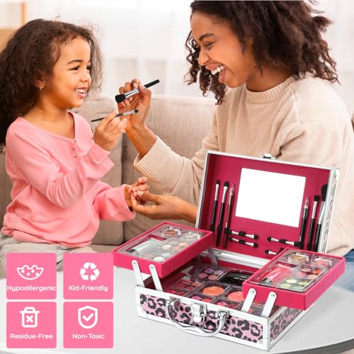 Anpro All-In-One Leopord Double Folding Makeup Kit with Case, Pro Teen Makeup Set, Full Starter Kit with Makeup Brushes, Lipsticks, Eyeshadow Palette, Blushes, Glitter Gel, Ideal Present for Girls
