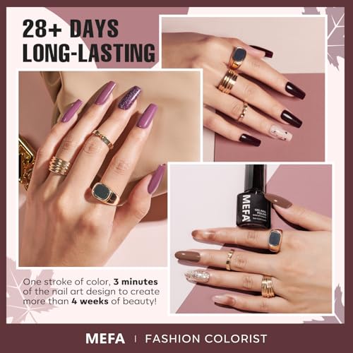 MEFA 12 Colors Gel Nail Polish Set - Soak Off Burgundy & Gold Glitter