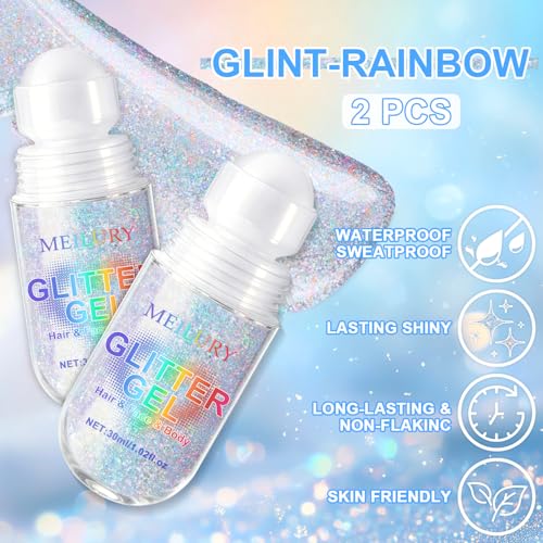 2PCS Rainbow Holographic Roll-On Body & Hair Glitter Gel for Face & Festivals