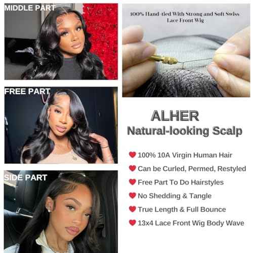 ALHER Small Cap Lace Front Wigs Human Hair Pre Plucked Body Wave, 13X4 HD Transparent Frontal Wigs 150 Density for Women,Small Cap Size 21-21.5 Natural Black Wavy Wig for Women 22 Inch