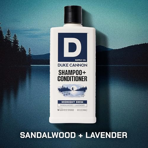 Duke Cannon 2-in-1 Shampoo & Conditioner for Men ? Midnight Swim, 14 oz ? Cooling, Strengthening Formula with Menthol, Tea Tree & Protein