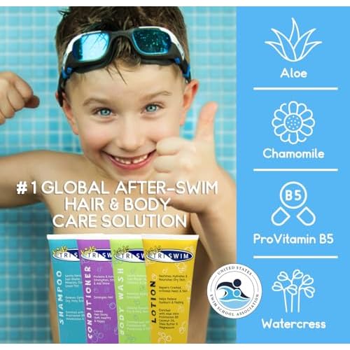TRISWIM Kids After Swim Value Pack of 4 Travel Mesh Bag + Swim Care Chlorine Removal Body Wash + Swimming Lotion + Swim Shampoo and Conditioner 8.5 fl oz Keep your Little Swimmers Clean and Healthy