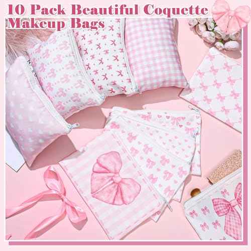 Reginary 10 Pcs Coquette Cosmetic Bag for Woman Wedding Thanksgiving Friendsgiving Day Makeup Bag Preppy Pouch Zipper Coquette Birthday Party for Team Bestie Family(Pink,Lovely Heart)
