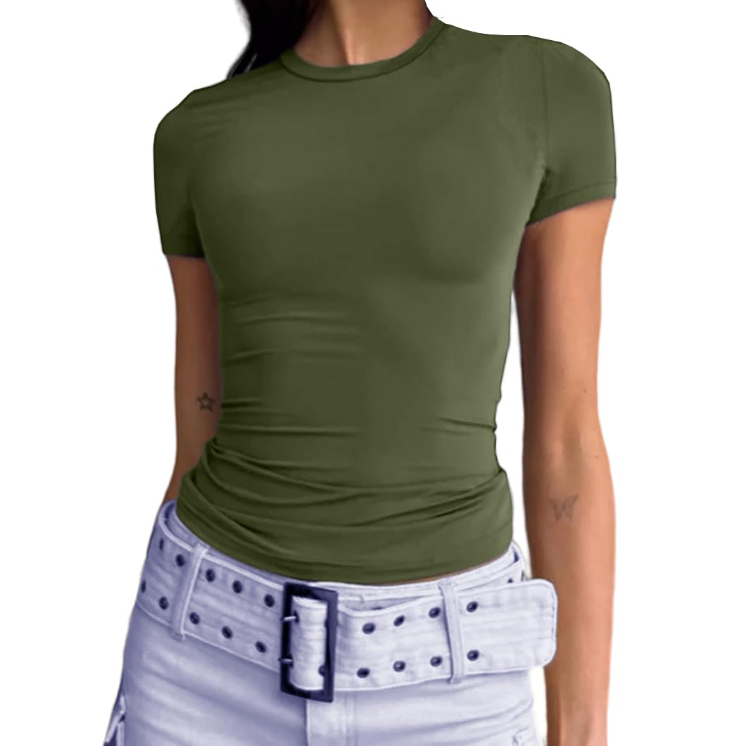 Abardsion Women's Casual Basic Going Out Crop Tops Slim Fit Short Sleeve Crew Neck Tight T Shirts (Army Green, S)