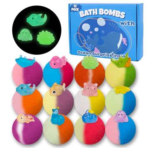 Bath Bombs for Kids, 12 Pcs Bath Bombs with Glow in The Dark Ocean Surprise Inside, Handmade Organic Bubble Bath Ball Gift Set for Boys and Girls, Gift for Birthday Christmas Easter