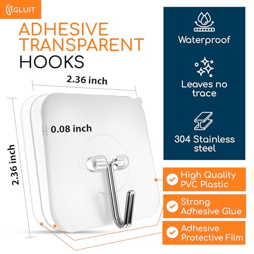 GLUIT Adhesive Hooks for Hanging Heavy Duty 22 lbs - Wall Hangers Without Nails, Waterproof Robe Towel Adhesive Wall Hooks for Home, Bathroom, Kitchen, Office, and Outdoor, 6 Pack