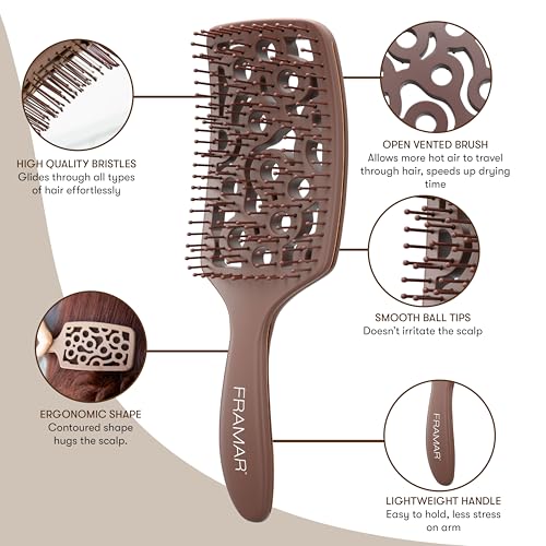 FRAMAR Chocolate Vented Curved Hair Brush for Blow Drying - Professional Salon Quality